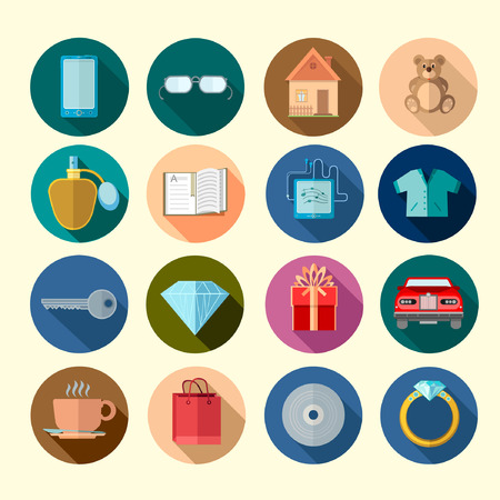 Collection of flat design icons on the circle background with long shadowのイラスト素材