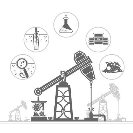 oil derrick and circle icons with stages of process oil production のイラスト素材
