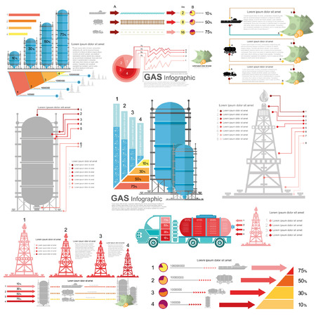 set of flat design of gas and gas rig infographics gas production delivery and gas storingのイラスト素材