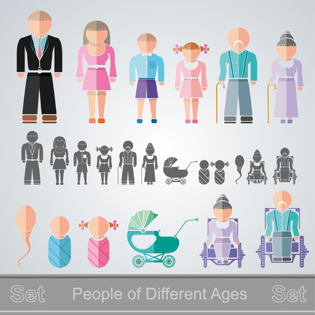 set of flat design different age isolated people from infant to retireeのイラスト素材