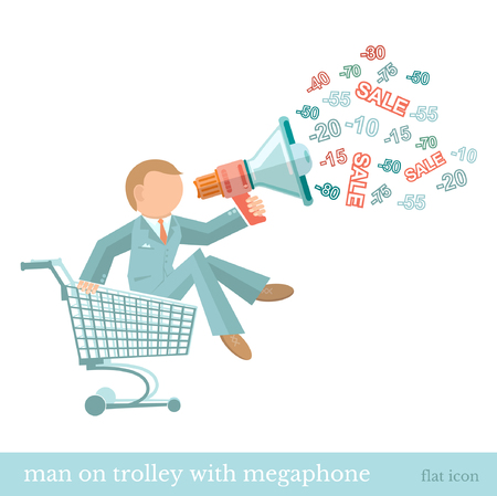 flat concept illustration man on trolley with megaphoneのイラスト素材