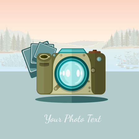 ftat icon camera with photo on landscape background with forest river and mountainsのイラスト素材