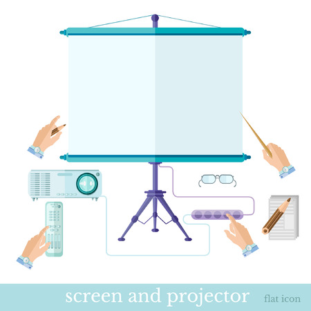 Flat business or education presentation illustration with equipment screen projector note console set on whiteのイラスト素材