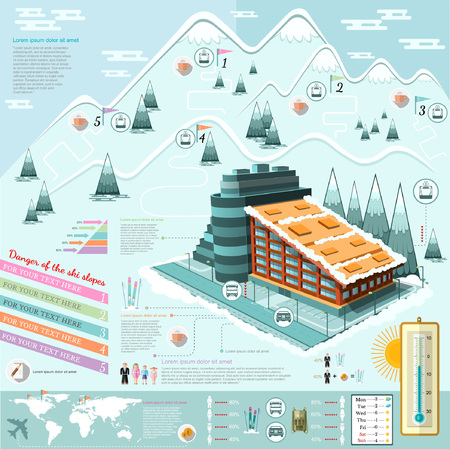 set of flat design ski resort infographics with hotel transportation and rootsのイラスト素材