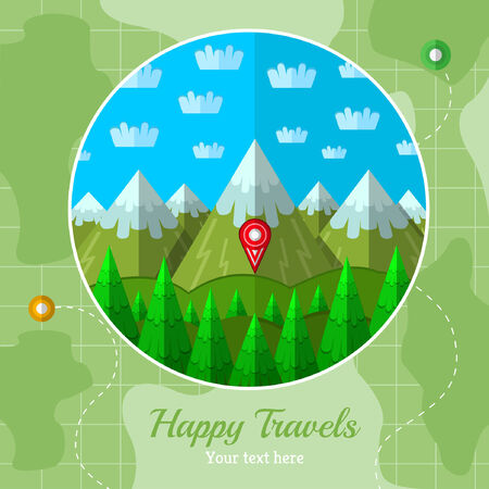 flat background vector map with circle frame with mountains forest and skyのイラスト素材
