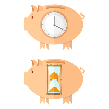piggy bank with clock and sand glassのイラスト素材