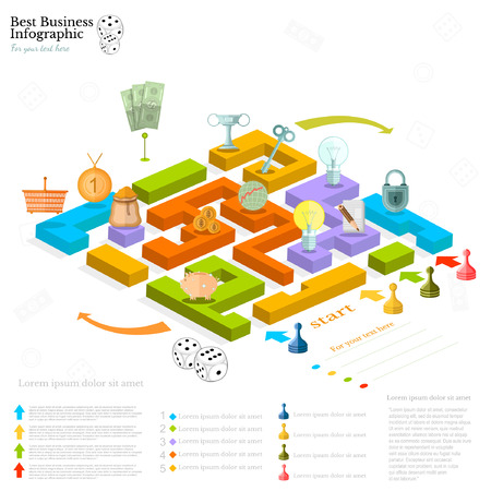 flat business maze infographic background with finanial board game game cells dice game pieces moneyのイラスト素材