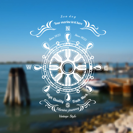 marine background with steering whee label on blue ocean blur photoのイラスト素材