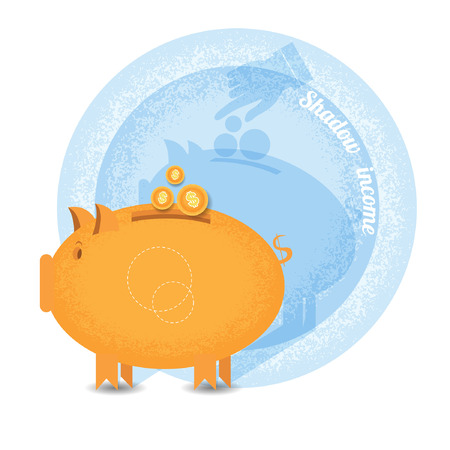 shady business piggy bank with coin but shadow hand pointer put in coin on wall.Vintage retro style shadow income icon on blue circle backgroundのイラスト素材