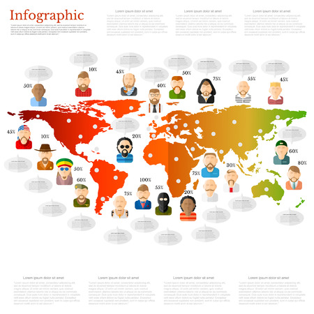 different people icon with speech bubble near them on the world map.information flat backgroundのイラスト素材