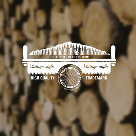 carpenter craft style background with two-man saw forest and log middle on old plank blur photoのイラスト素材