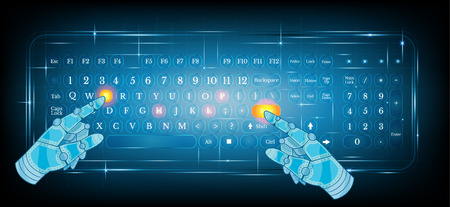 virtual shiny computer pc keyboard or keypad with two abstract hand pointer on blue background.dialingのイラスト素材