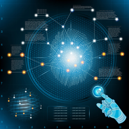 abstract fingerprinting infographic with robotic hand poiner info and fingerprintのイラスト素材