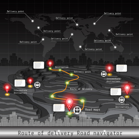 Route of delivery road navigation with map of world landscape and shiny pointerのイラスト素材