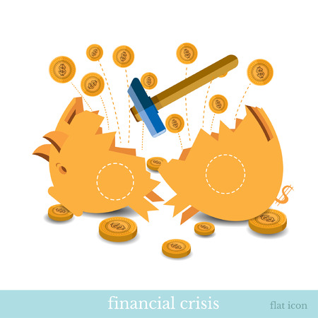 flat business icon broken piggy bank by hummer. financial crisisのイラスト素材