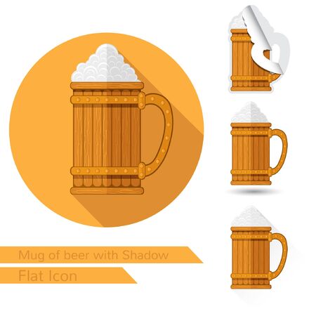 mug with beer and foam flat icon on white with oval long shadow and folded cornerのイラスト素材