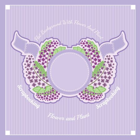Summer violet floral vector background. branches of lilac in the center under the round banner with ribbonsのイラスト素材