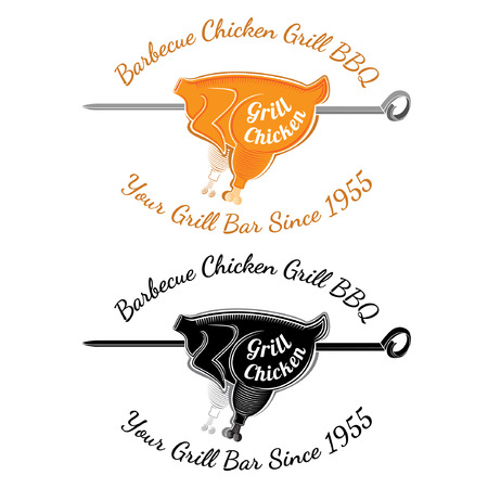 Roasting chicken carcass on split with text grill chicken. Bbq bar restaurant label or banner two variant color and black isolated on whiteのイラスト素材