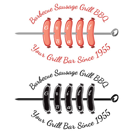Roasting sausages on spit with text grill bar. Bbq bar restaurant label or banner two variant color and black isolated on whiteのイラスト素材