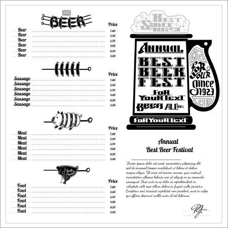 Annual Best festival lettering on mug silhouette. Bar menu background with price and labels of meals. Roasting sausages, chicken and pig on spit. black on whiteのイラスト素材