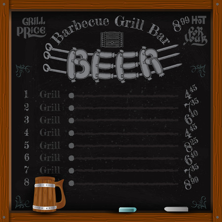 beer lettering from sausage grill on spit. Grill menu on black chalkboardのイラスト素材