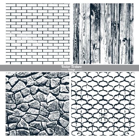 Set of vector textures. Dark texture brick wall, wood, stone wall, cast iron grid.のイラスト素材