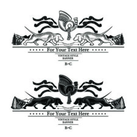 horn with ribbon and two dachshund opposite in forest hunting label or bannerのイラスト素材