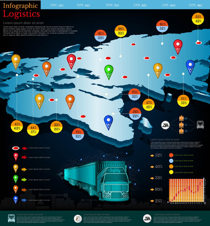 Logistic infographic. Map of Europe and Russia with different info. Datas and plans of truck and delivery etc.のイラスト素材