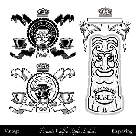 cup with coffee beans near totem and ribbon template for text. Wood totem with ribbon best brasilian coffee lettering. Coffee style silhouette black and whiteのイラスト素材