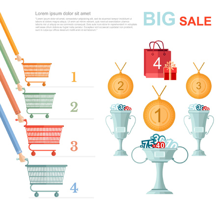 big sale flat illustration. competition racing on perforated shopping carts for disconts isolated on whiteのイラスト素材