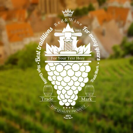 Grapes bunch with leaf and vintage press up. Wine label on vineyard and town blurred backgroundのイラスト素材