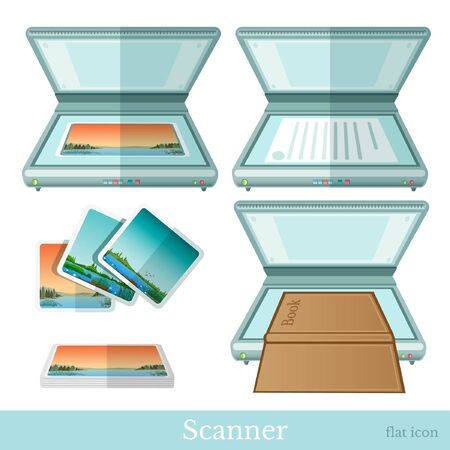 flat scanner make scan from paper book picture icon on whiteのイラスト素材