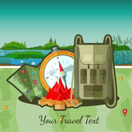 flat travel background with tourists accessories on river landscapeのイラスト素材