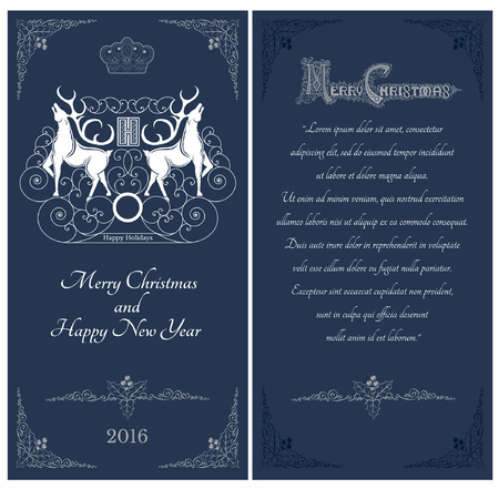 Two sides of christmas blue postcard. Two white deers against one another with swirl pattern on caverのイラスト素材