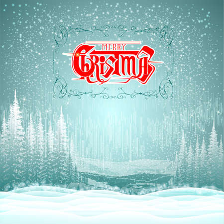 winter landscape background snowy forest with merry christmas letteringのイラスト素材