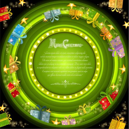 Green circle frame on green christmas tunnel background with golden stars and present boxesのイラスト素材