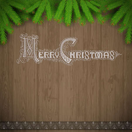 merry christmas lettering on vintage wood background with fir tree branchのイラスト素材