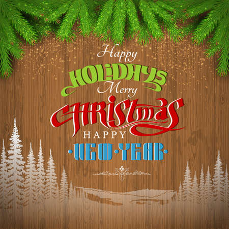 happy holiday lettering and lndscape silhouette on vintage wood background with fir tree branchのイラスト素材