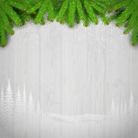 white landscape silhouette on vintage gray wood background with fir tree branchのイラスト素材