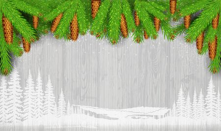 white landscape silhouette on vintage gray wood background and fir tree branch and conesのイラスト素材