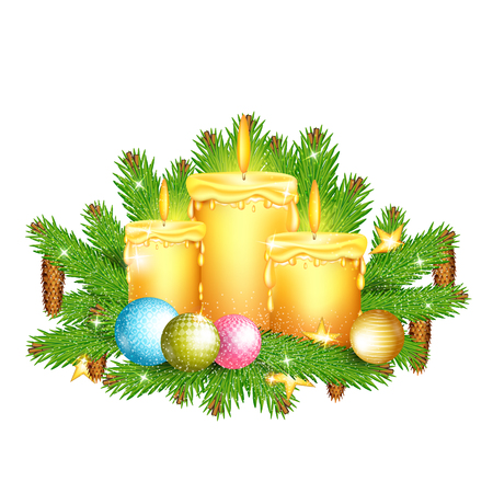 Three candles stand on fir tree branches. Christmas glossy element on whiteのイラスト素材