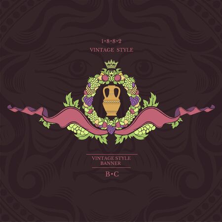 Wine banner on violet background. Round frame from fruit and grapes with jug in the centreのイラスト素材