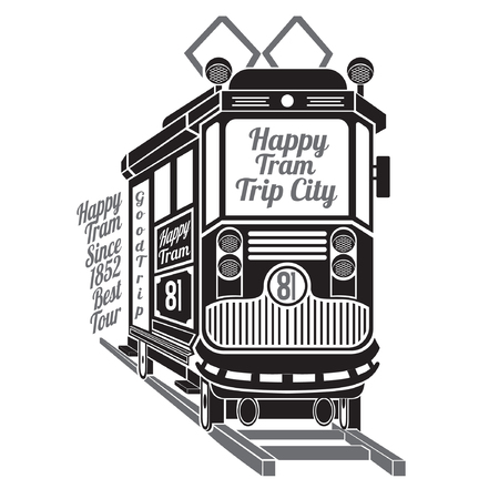 Silhouette of old tram with text happy tram trip city isolated on whiteのイラスト素材
