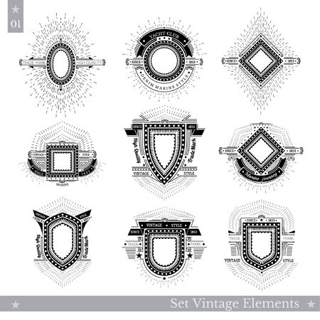 Set of different geometric shields with light ray. Hipster style templates for business signs, labels, logos, identity, badges, apparel, shirts, stickers and other branding objects.のイラスト素材