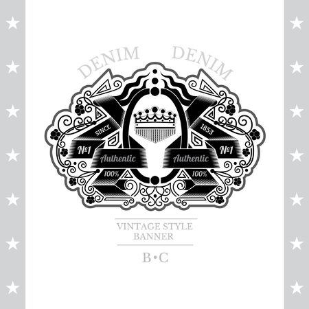 Oval Frame Between Winding Ribbons And Floral Line Pattern. Vintage Label With Coat of Arms Isolated On Whiteのイラスト素材