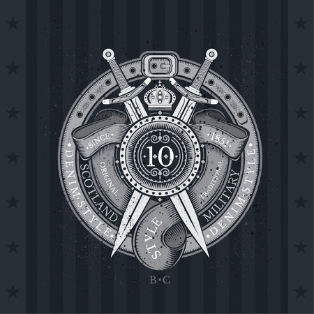 Round Shield And Cross Swords With Ribbons Into Round Belt Frame. Military Heraldic Label On Blackboardのイラスト素材