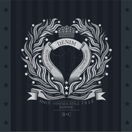 Ribbon Frame Between Abstract Olive Or Palm Wreath. Vintage Label With Coat of Arms On Blackboardのイラスト素材