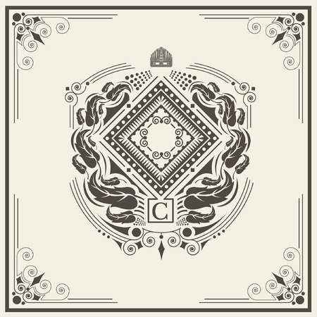 Shield with floral wreath monogram template for letter C. Elegant line ornament frameのイラスト素材