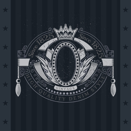 Coat of Arms With Crown And Oval Frame Between Ribbons And Wreath. Vintage Label On Blackboardのイラスト素材