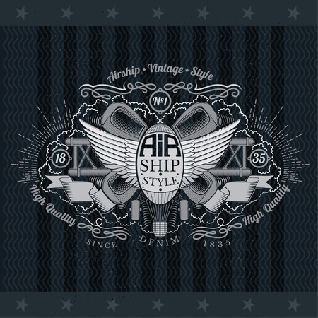 Balloon With Wings And Retro Plane Behinde. Vintage Label With Air Coat of Arms On Blackboardのイラスト素材